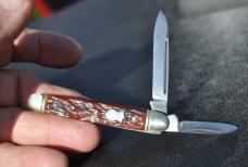 Boker USA 9023 Cigar Jack 2 Blade Jigged Red Bone Long Pull Slight Use Ringed Bolsters 