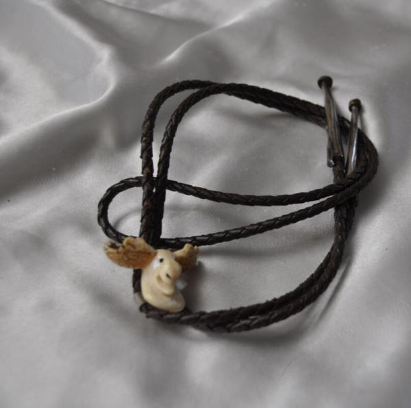 Bola Tie Moose Head Old Piece Carved from Ivory Leather Cord Sterling Silver Tips Wire Ends