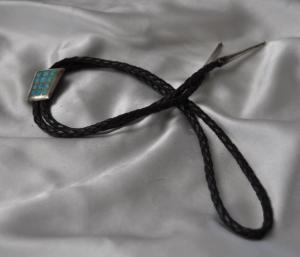 Bola Tie Navajo Made Early With Hand made Keeper Sterling Silver  Set With 12 Panels of Turquoise