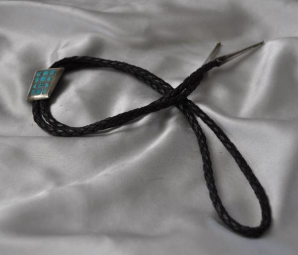 Bola Tie Navajo Made Early With Hand made Keeper Sterling Silver  Set With 12 Panels of Turquoise