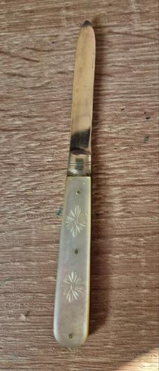 2 3/4"  Antique English Sterling Silver & Mother of Pearl Fruit Knife, Hallmarked, WN Maker