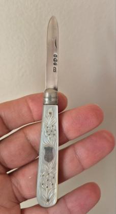 2 3/4"  Antique English Sterling Silver & Mother of Pearl Fruit Knife, Hallmarked, WN Maker