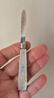 2 3/4"  Antique English Sterling Silver & Mother of Pearl Fruit Knife, Hallmarked, WN Maker