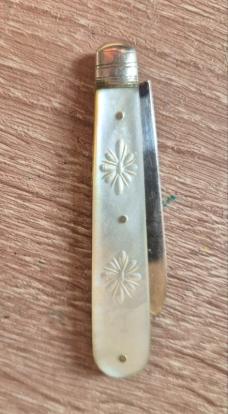 2 3/4"  Antique English Sterling Silver & Mother of Pearl Fruit Knife, Hallmarked, WN Maker