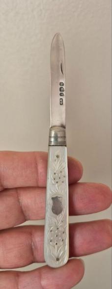 2 3/4"  Antique English Sterling Silver & Mother of Pearl Fruit Knife, Hallmarked, WN Maker