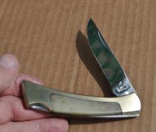 Olsen OK Folding Knife Japan Late 70s Factory Mint 4" Closed Solid Brass Frame Smooth Bone Insert