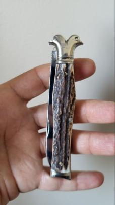 Rare 4 1/4" Custom Handmade Double Bird's Head Bolster Knife with Beautiful Stag Handles