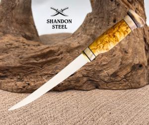 Wood Jewel Stainless Steel Blade Birch Brown Handle Fillet Fish Knife - 23FP
