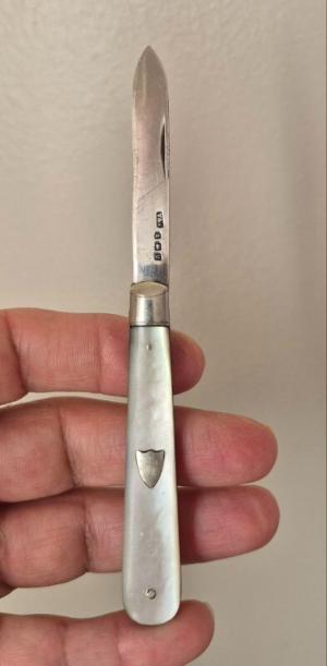 2 3/4"  Antique English Sterling Silver & Mother of Pearl Fruit Knife, V&J Maker, Hallmarked