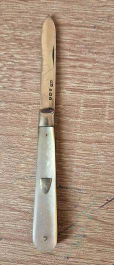 2 3/4"  Antique English Sterling Silver & Mother of Pearl Fruit Knife, V&J Maker, Hallmarked