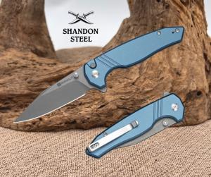 SENCUT Selkyris Flipper Thumb Stud Button Lock Knife Blue Aluminum Handle S25068