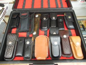 MIXED LOT OF KNIFE SHEATHS IN A 50+ KNIFE SUITCASE MOSTLY MINT SEE PICS