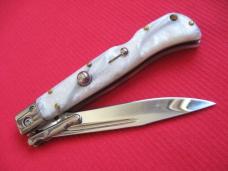 New 9" Roma Italian style Swing Guard Switchblade knife Pearlized White handles
