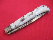 New 9" Roma Italian style Swing Guard Switchblade knife Pearlized White handles