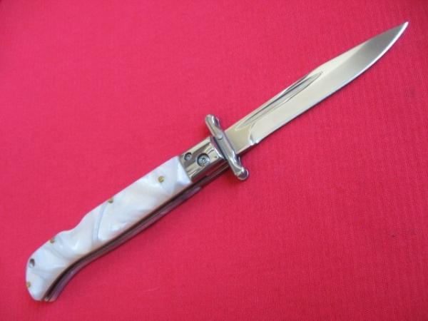 New 9" Roma Italian style Swing Guard Switchblade knife Pearlized White handles