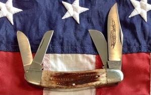 Vintage Parker 4 Blade Sowbelly Stockman Knife w Great 2nd Cut Appaloosa Bone Handles - NOS