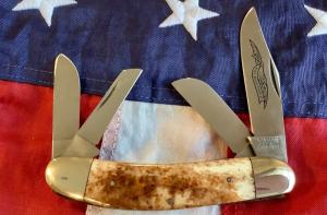Vintage Parker 4 Blade Sowbelly Stockman Knife w Great Appaloosa Bone Handles - NOS