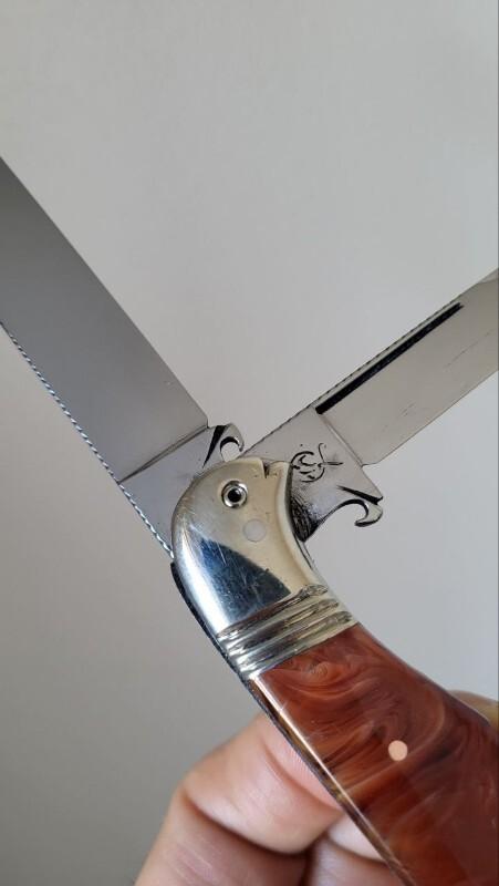 5 1/8" Custom Handmade Trapper Knife with Bird's Head Bolster, Imitation Amber Handles, File work 5 1/8" Custom Handmade Trapper Knife with Bird's Head Bolster, Imitation Amber Handles, File work