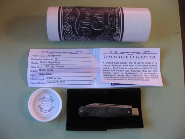 DANIELS FAMILY KNIFE BRANDS-TITUSVILLE CUTLERY-LEXINGTONIAN-GREEN MAPLE BURL DANIELS FAMILY KNIFE BRANDS-TITUSVILLE CUTLERY-LEXINGTONIAN-GREEN MAPLE BURL