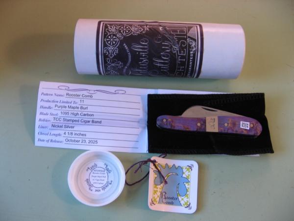 DANIELS FAMILY KNIFE BRANDS-TITUSVILLE CUTLERY-ROOSTER COMB-PURPLE MAPLE BURL DANIELS FAMILY KNIFE BRANDS-TITUSVILLE CUTLERY-ROOSTER COMB-PURPLE MAPLE BURL