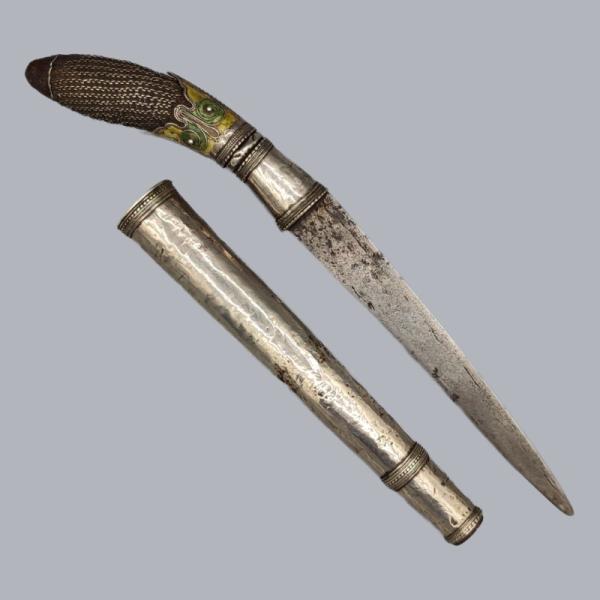 Antique 1800s Burmese Dha Hmyaung Dahmjaun Dagger Knife Silver and Enamel #8767 Antique 1800s Burmese Dha Hmyaung Dahmjaun Dagger Knife Silver and Enamel #8767