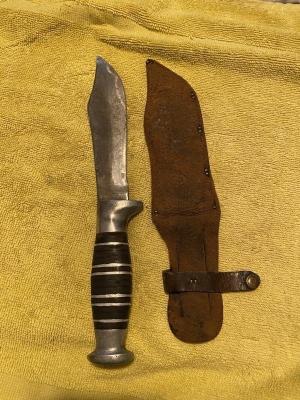 WWII Theater-Made Fighting Knife  Clip Point Blade  Leather amp Aluminum Grip