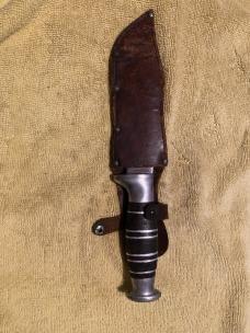 WWII Theater-Made Fighting Knife – Clip Point Blade – Leather & Aluminum Grip