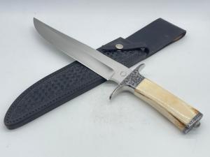 DENNIS E. FRIEDLY Custom Handmade Walrus Ivory Engraved Bowie w/ Sheath