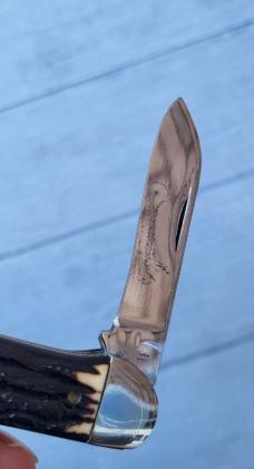 Queen Steel #64, Etched Canoe Knife - c.1970's, Imitation Stag