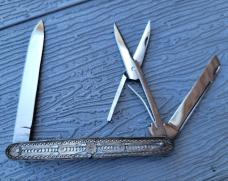 3 1/4" Rare Custom Made knife with scissor, Very Nice Silver Filigree Scales