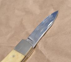 Khyber (KA-BAR) Japan 3 1/2" Closed, White Bone 1970's Little Use Top Tight No Play Lots Of Defects!