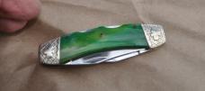 RR Texas Long Horn Green Bone 3" Closed Mint NOS Fancy Shamrock Bolsters Horse Shoe Shield 