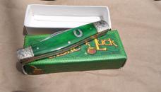 RR Split Back Spring Green Bone 3 5/8" Closed NOS Fancy Bolsters Shield Frosted Blade Original Box