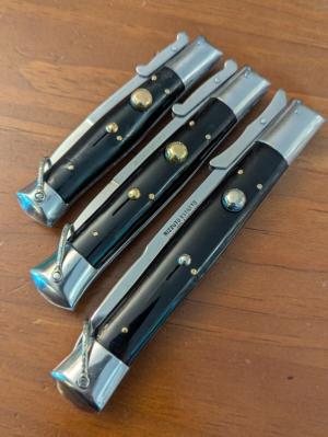 TRIO OF RIZZUTO ESTILETO STILETTO SWINGUARD SWITCHBLADES, SMALL 7.5", MEDIUM 8.8", LARGE 10.25"