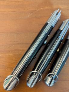 TRIO OF RIZZUTO ESTILETO STILETTO SWINGUARD SWITCHBLADES, SMALL 7.5", MEDIUM 8.8", LARGE 10.25"