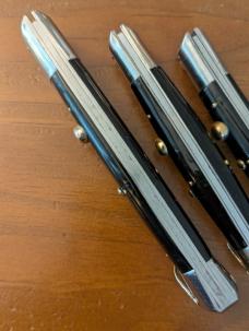 TRIO OF RIZZUTO ESTILETO STILETTO SWINGUARD SWITCHBLADES, SMALL 7.5", MEDIUM 8.8", LARGE 10.25"