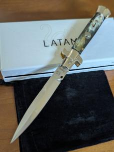 NIB Walt's Latama 23cm/9-inch 5mm Bayo Picklock Brazilian Horn Flat Guard/Button Red Dot Automatic 