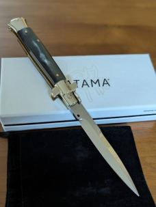NIB Walt's Latama 23cm/9-inch 5mm Bayo Picklock Brazilian Horn Flat Guard/Button Red Dot Automatic 