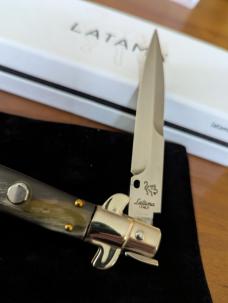 NIB Walt's Latama 23cm/9-inch 5mm Bayo Picklock Brazilian Horn Flat Guard/Button Red Dot Automatic 
