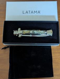 NIB Walt's Latama 23cm/9-inch 5mm Bayo Picklock Brazilian Horn Flat Guard/Button Red Dot Automatic 