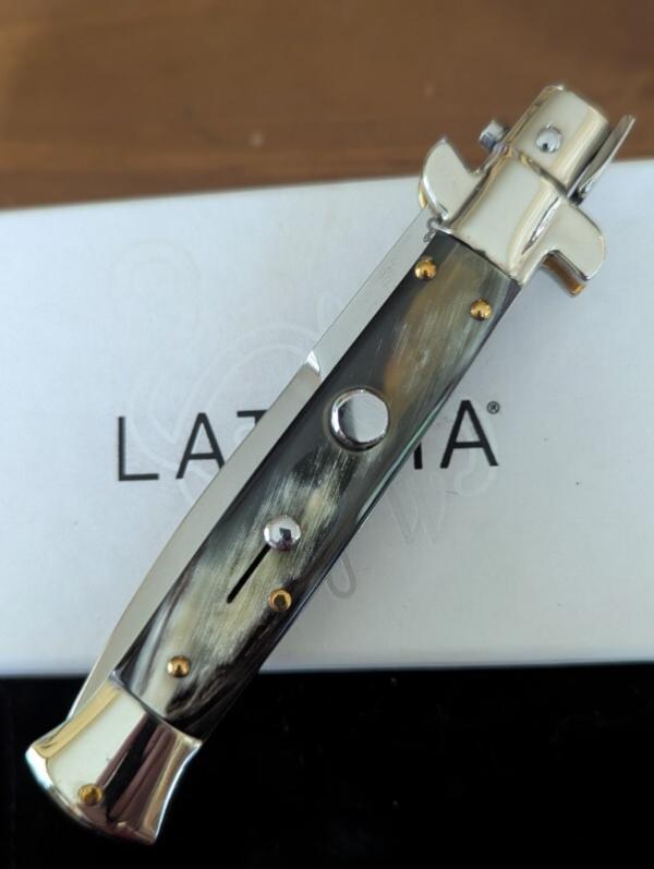 NIB Walt's Latama 23cm/9-inch 5mm Bayo Picklock Brazilian Horn Flat Guard/Button Red Dot Automatic NIB Walt's Latama 23cm/9-inch 5mm Bayo Picklock Brazilian Horn Flat Guard/Button Red Dot Automatic