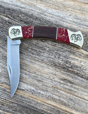 BUCK 110  BRIAN YELLOWHORSE CUSTOM RAM ETCHED DESERT IRONWOOD REDGOLD QUARTZ