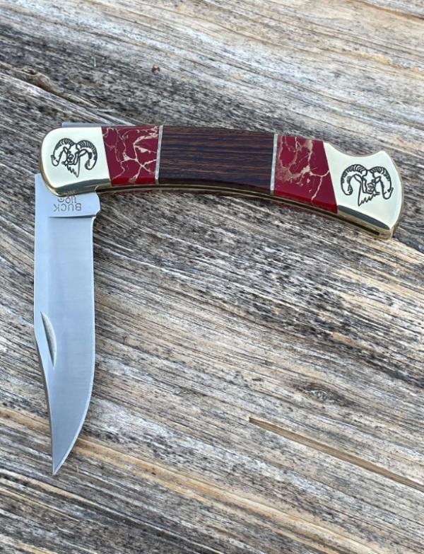 BUCK 110 ** BRIAN YELLOWHORSE CUSTOM RAM ETCHED DESERT IRONWOOD RED/GOLD QUARTZ BUCK 110 ** BRIAN YELLOWHORSE CUSTOM RAM ETCHED DESERT IRONWOOD RED/GOLD QUARTZ