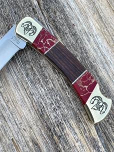 BUCK 110 ** BRIAN YELLOWHORSE CUSTOM RAM ETCHED DESERT IRONWOOD RED/GOLD QUARTZ