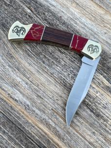 BUCK 110 ** BRIAN YELLOWHORSE CUSTOM RAM ETCHED DESERT IRONWOOD RED/GOLD QUARTZ
