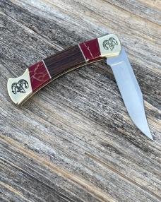 BUCK 110 ** BRIAN YELLOWHORSE CUSTOM RAM ETCHED DESERT IRONWOOD RED/GOLD QUARTZ