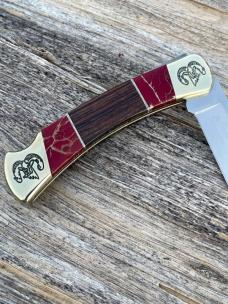 BUCK 110 ** BRIAN YELLOWHORSE CUSTOM RAM ETCHED DESERT IRONWOOD RED/GOLD QUARTZ