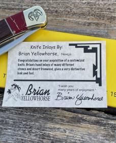 BUCK 110 ** BRIAN YELLOWHORSE CUSTOM RAM ETCHED DESERT IRONWOOD RED/GOLD QUARTZ