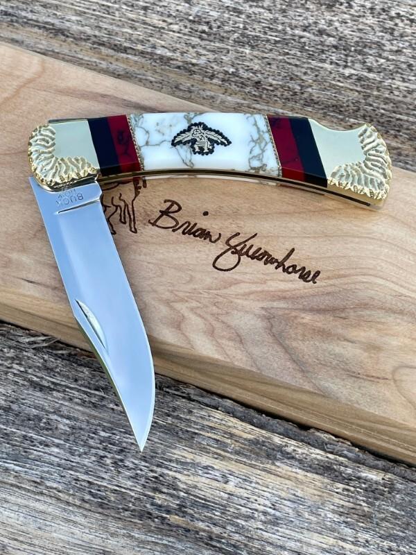 BUCK 110 ** BRIAN YELLOWHORSE CUSTOM WHITE/GOLD QUARTZ EAGLE DANCER BUCK 110 ** BRIAN YELLOWHORSE CUSTOM WHITE/GOLD QUARTZ EAGLE DANCER
