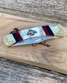 BUCK 110 ** BRIAN YELLOWHORSE CUSTOM WHITE/GOLD QUARTZ EAGLE DANCER